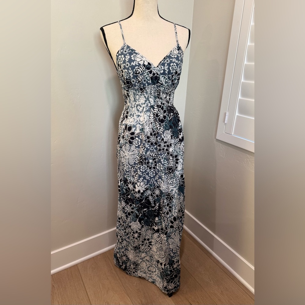 She's Cool Maxi | Spaghetti Strap | Navy w/ Blue & White Floral Print | Small |
